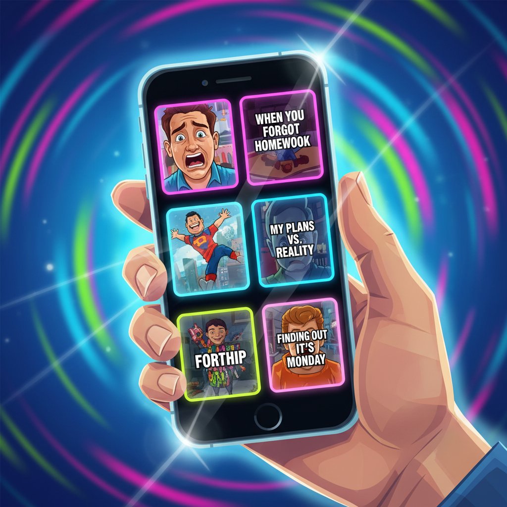 Movie stills turned into memes on phone screen, teen’s hand scrolling, digital-art style, high school comedy movies