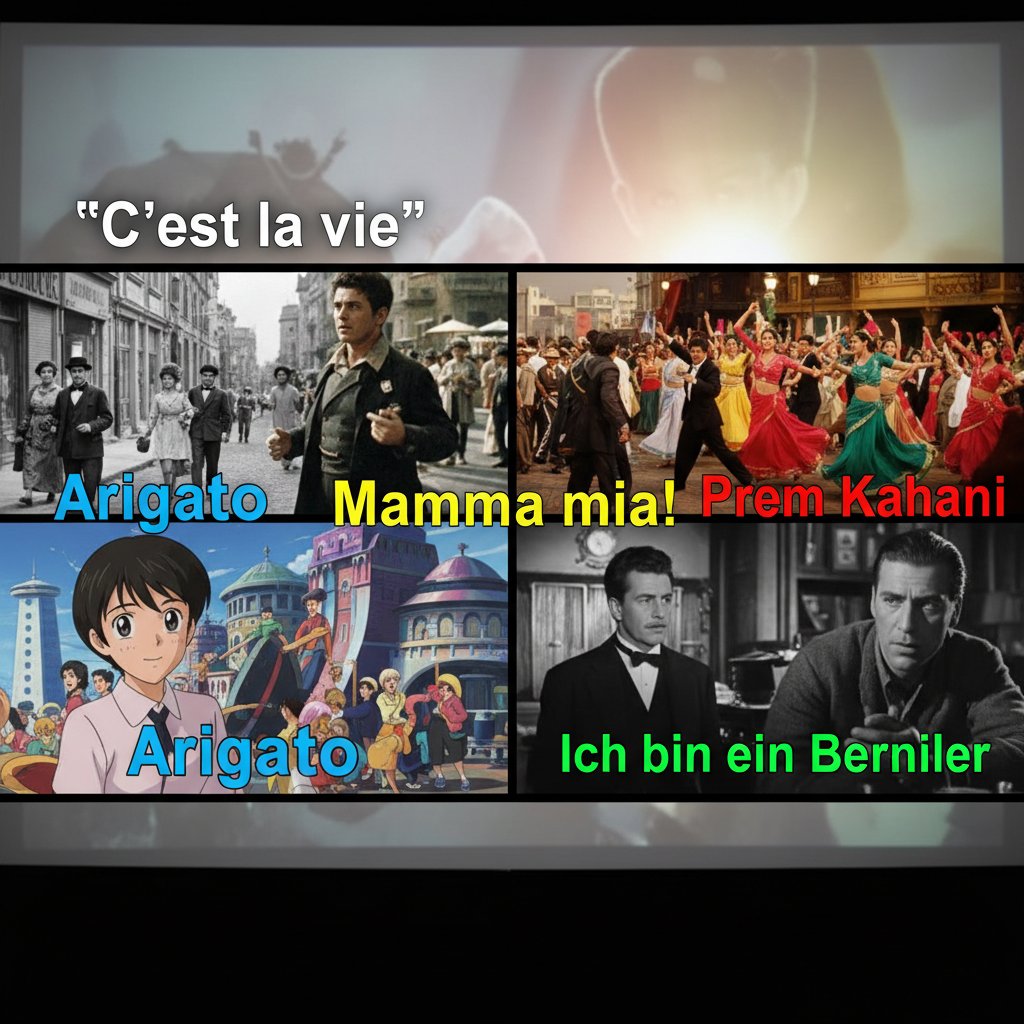 Dynamic montage of movie subtitles in different languages for the same film scene