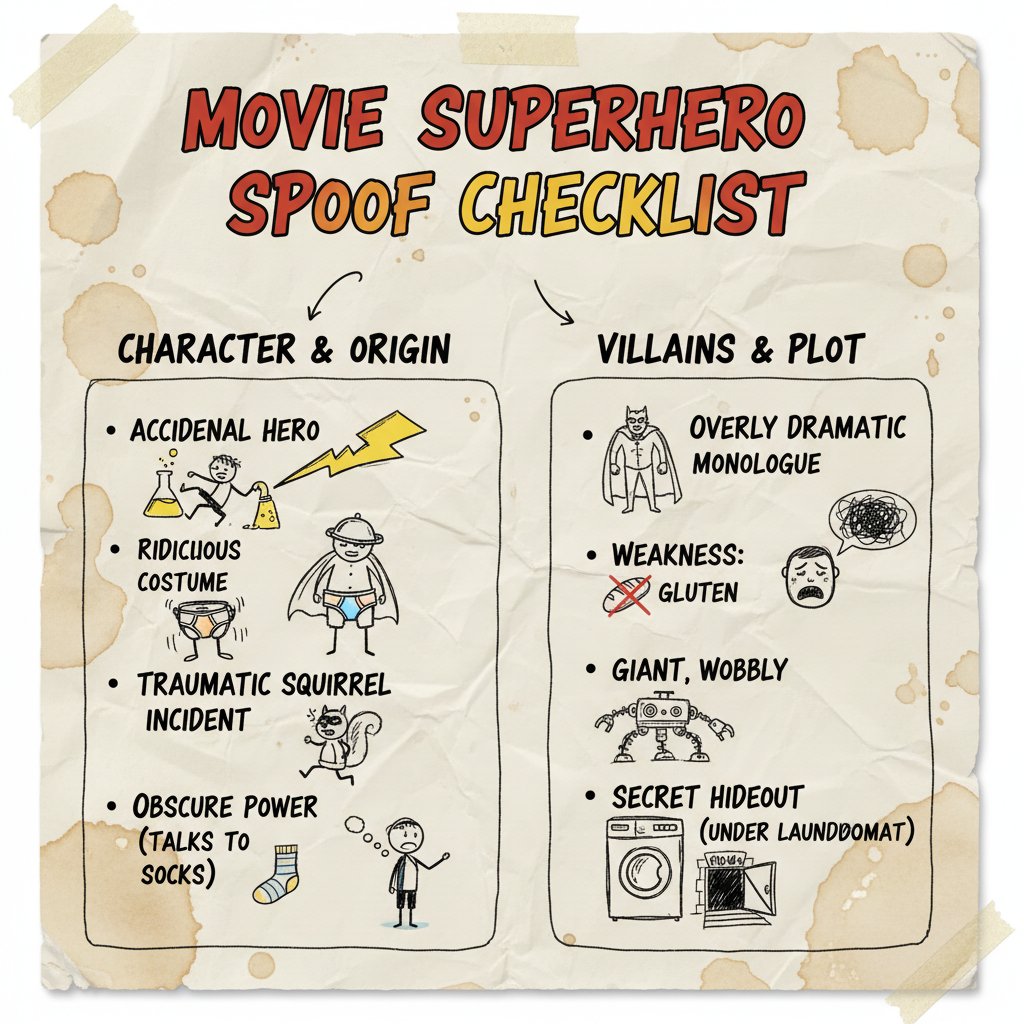 Hand checking off superhero spoof movie checklist with doodles and icons