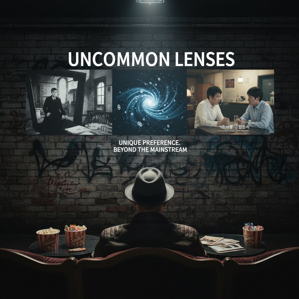 Young person alone in a theater, surrounded by mainstream movie posters but focused on a unique indie film, representing personal taste