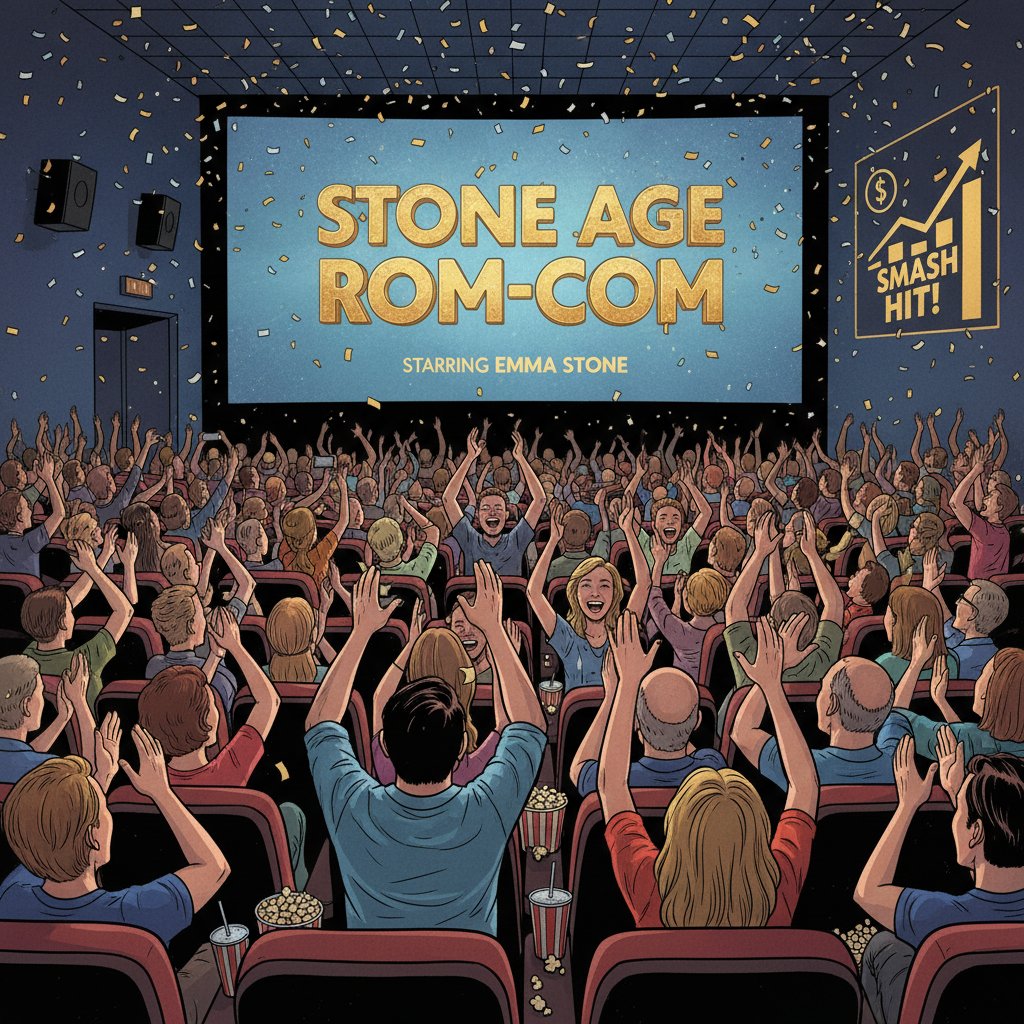 Movie theater audience watching Emma Stone films, highlighting box office power
