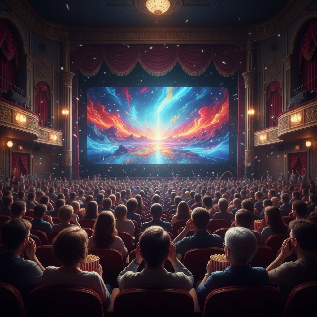 Scene from a modern movie theater, audience captivated by a dramatic soundtrack moment, vibrant colors