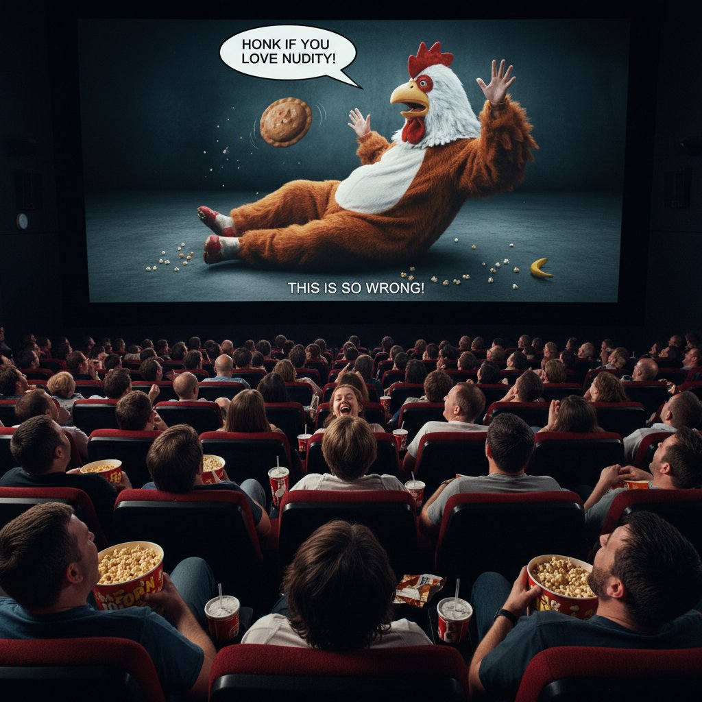 Crowded movie theater audience gasping and laughing during intense uncut comedy scene