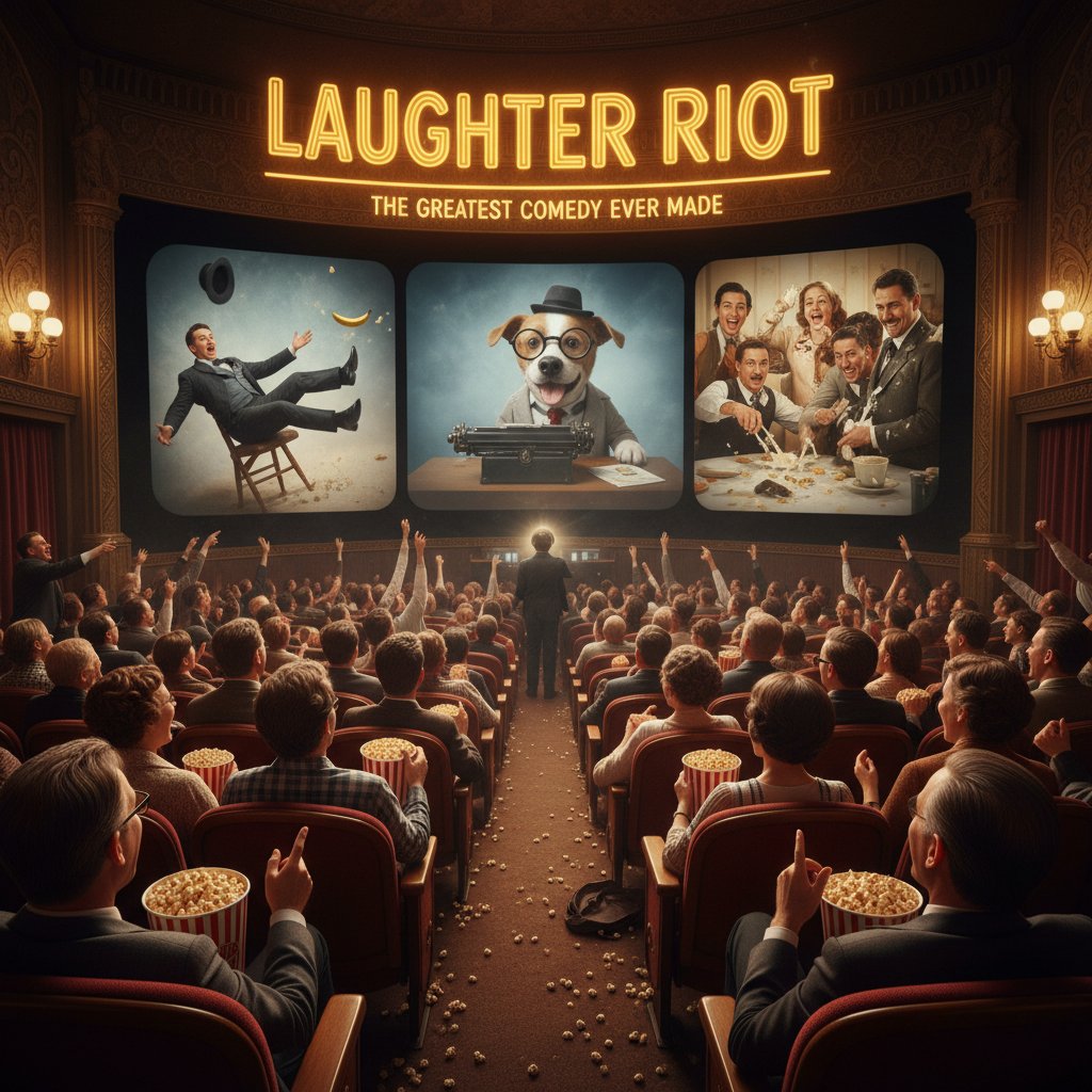 A movie theater projector room with comedy scripts and film canisters labeled 'theatrical cut', 'director's cut', and 'unrated', moody lighting.