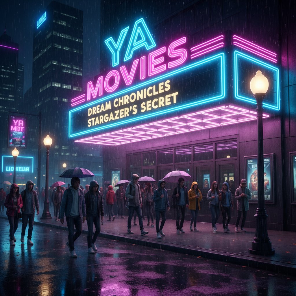Diverse audience watching a YA movie premiere in 2025, neon theater signage glows as rain pours outside