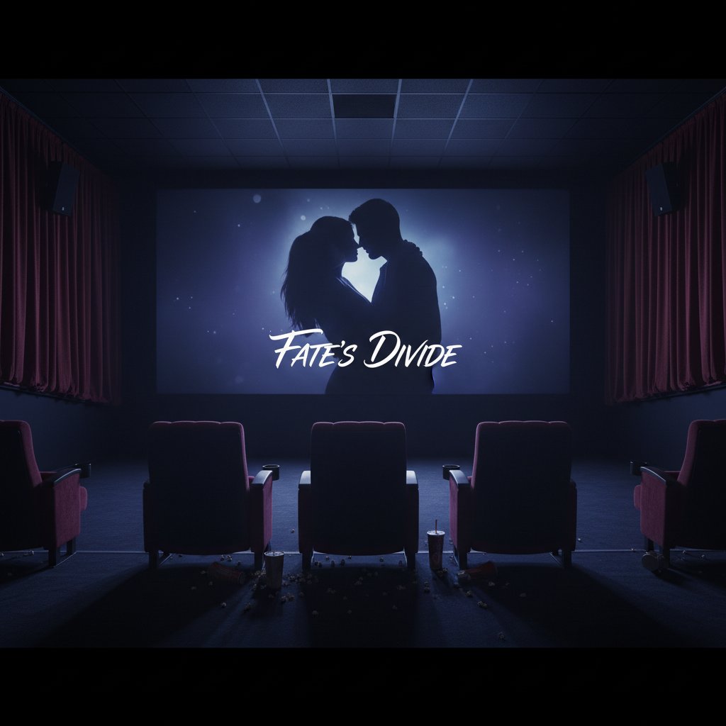 Moody, symbolic shot of a movie theater with three empty seats, 16:9. Alt: Awaiting the next love triangle story in a cinematic setting