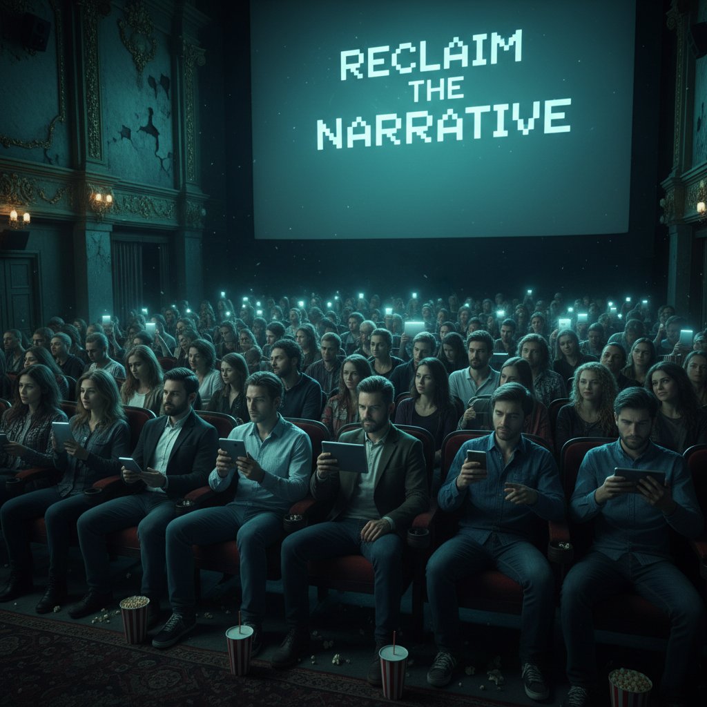 Movie theater audience watching intently, cinematic image with thoughtful mood and subversive undertone