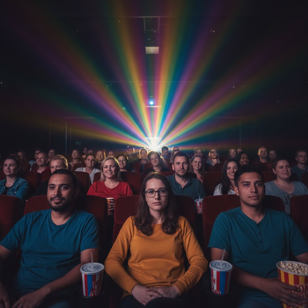 Publiczność w kinie oglądająca film o tematyce LGBT+, zróżnicowane twarze, tęczowe światło
