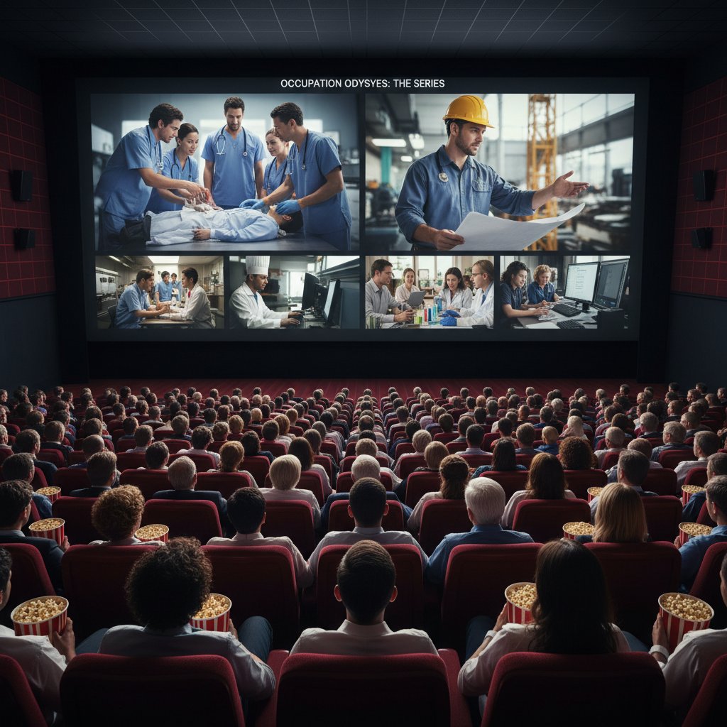 People in a movie theater watching workplace dramas, occupation movies audience, diversity