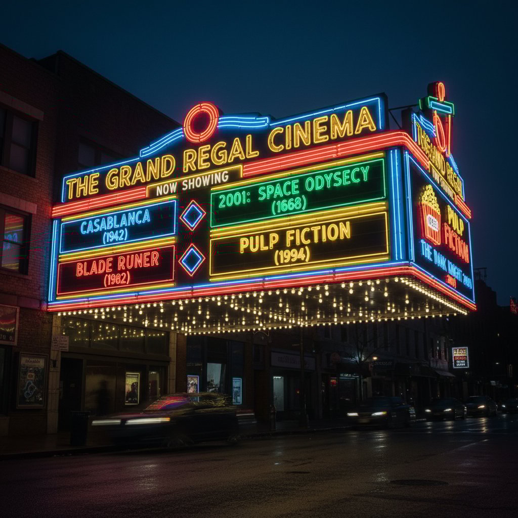 A movie theater marquee displaying films from multiple years in neon at night, blending old and new releases movies