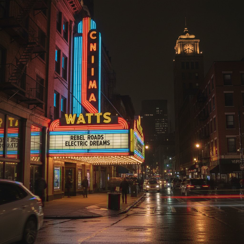Cinema marquee with Jon Watts’ filmography glowing in city lights