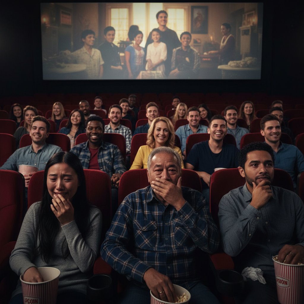 A group of diverse viewers emotionally reacting to a powerful movie scene, illustrating how movie themes impact emotions