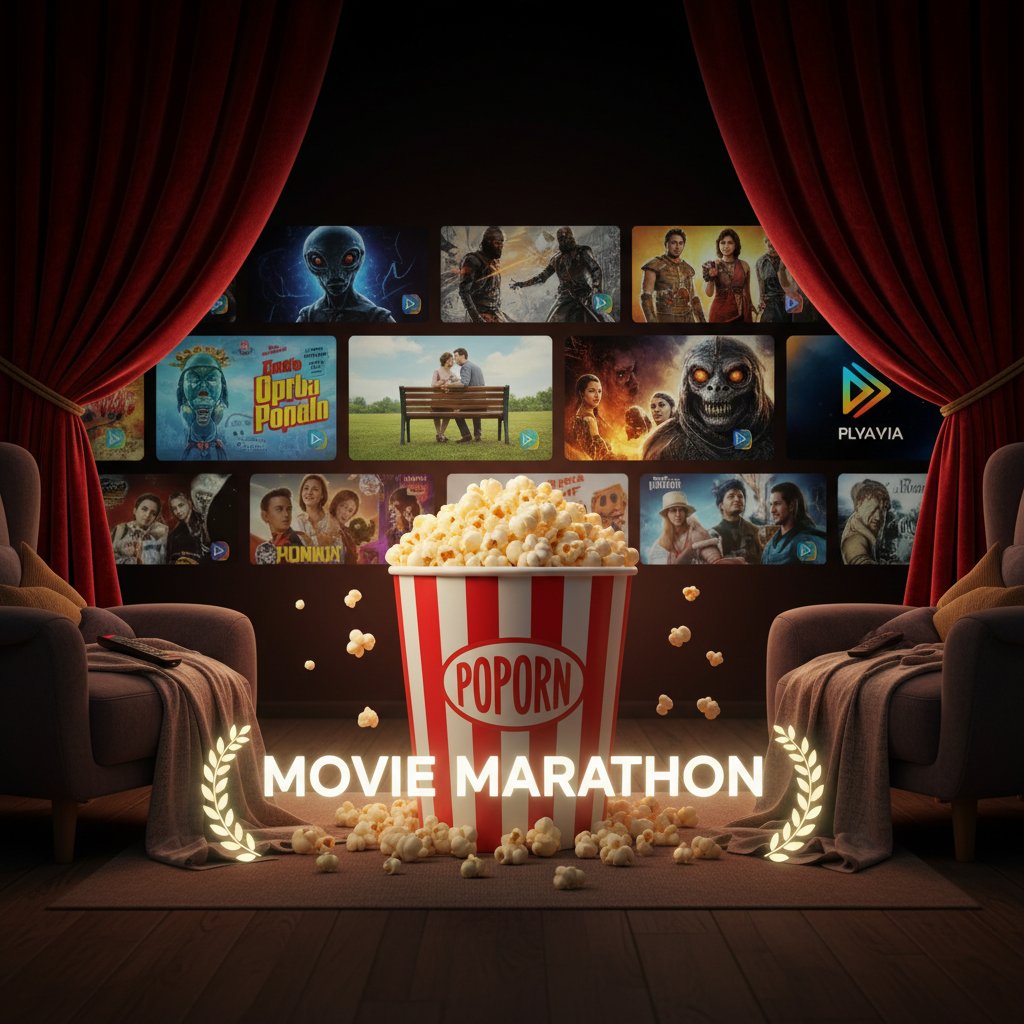 Collage of movie thumbnails, streaming logos, popcorn, party vibe, parallel universe movies marathon