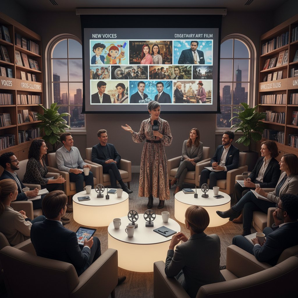 Empowered movie enthusiast surrounded by diverse films and discussion circles, symbolizing trendsetting in movie discovery