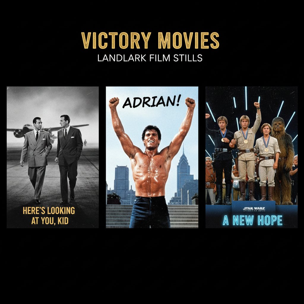 Mosaic of film stills representing landmark victory moments in movie victory movies, graphic-novel style, 21 squares
