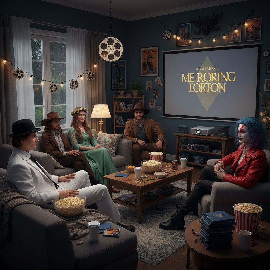 Movie watch party with themed costumes, group in character, cinephile marathon, immersive experience