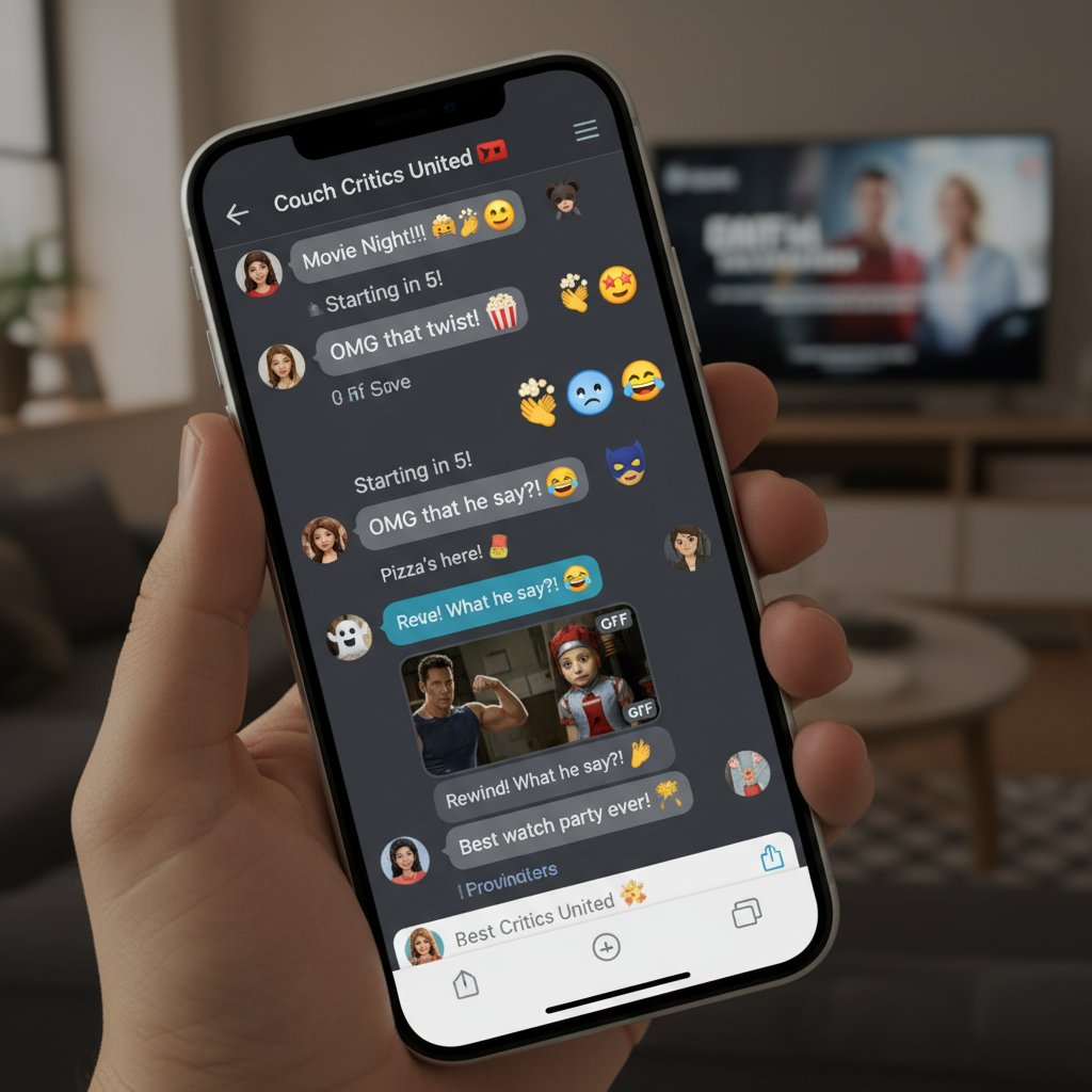 Movie watch party group chat with emojis, live reactions, digital engagement, group viewing, movie night chat