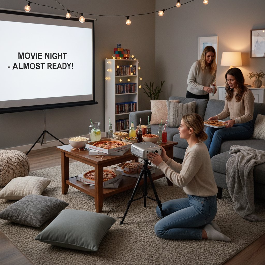 Movie watch party host setting up projector and snacks, pre-party prep, energetic vibe, movie night