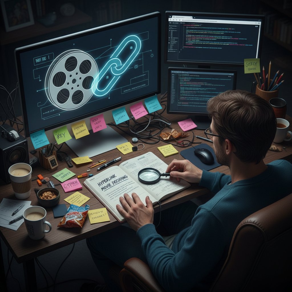 Photo of a movie watcher with a notebook, surrounded by screens and sticky notes, decoding a hyperlink movie at home