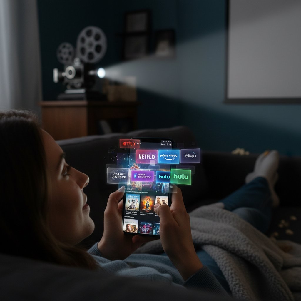 Movie watcher using phone, surrounded by streaming platform logos and glowing suggestions
