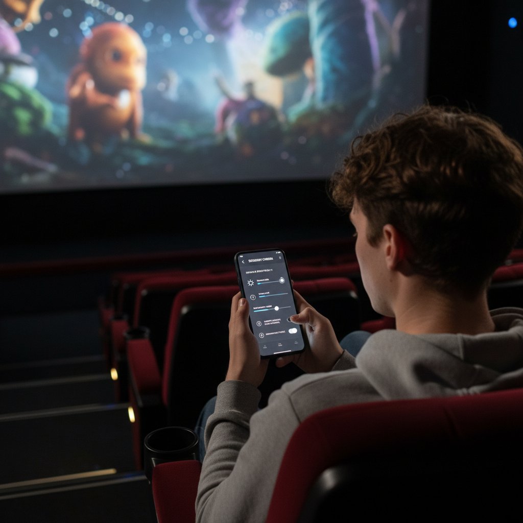 Moviegoer using app for sensory friendly adjustments, person customizing theater environment on smartphone for an accessible movie sensory friendly experience