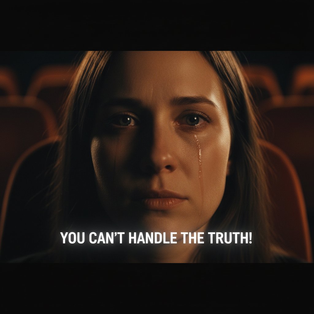 Moviegoer reacting to iconic film quote with emotional impact