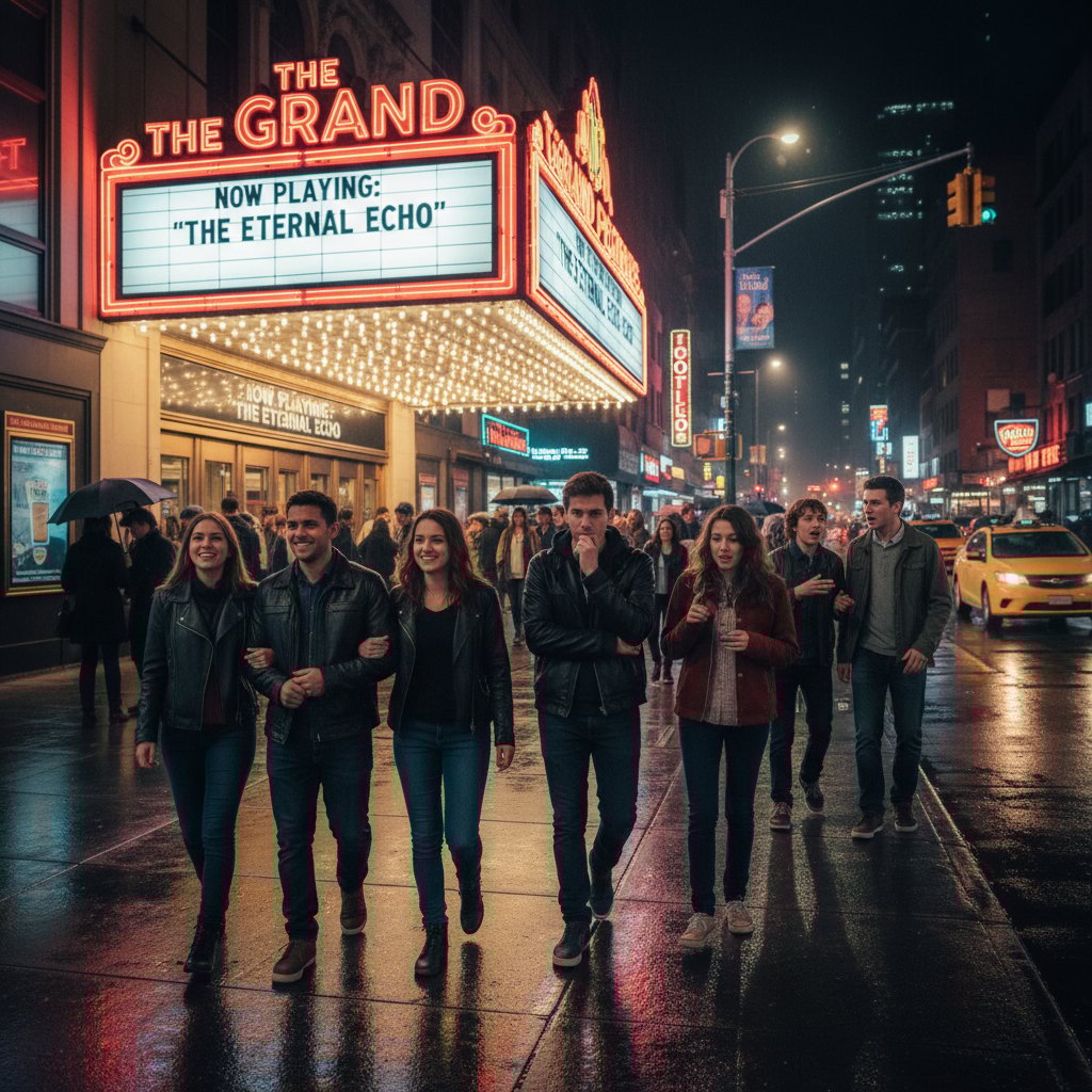 Documentary-style photo of moviegoers with mixed reactions leaving an urban theater at night, reflecting ambivalence about twist ending movies
