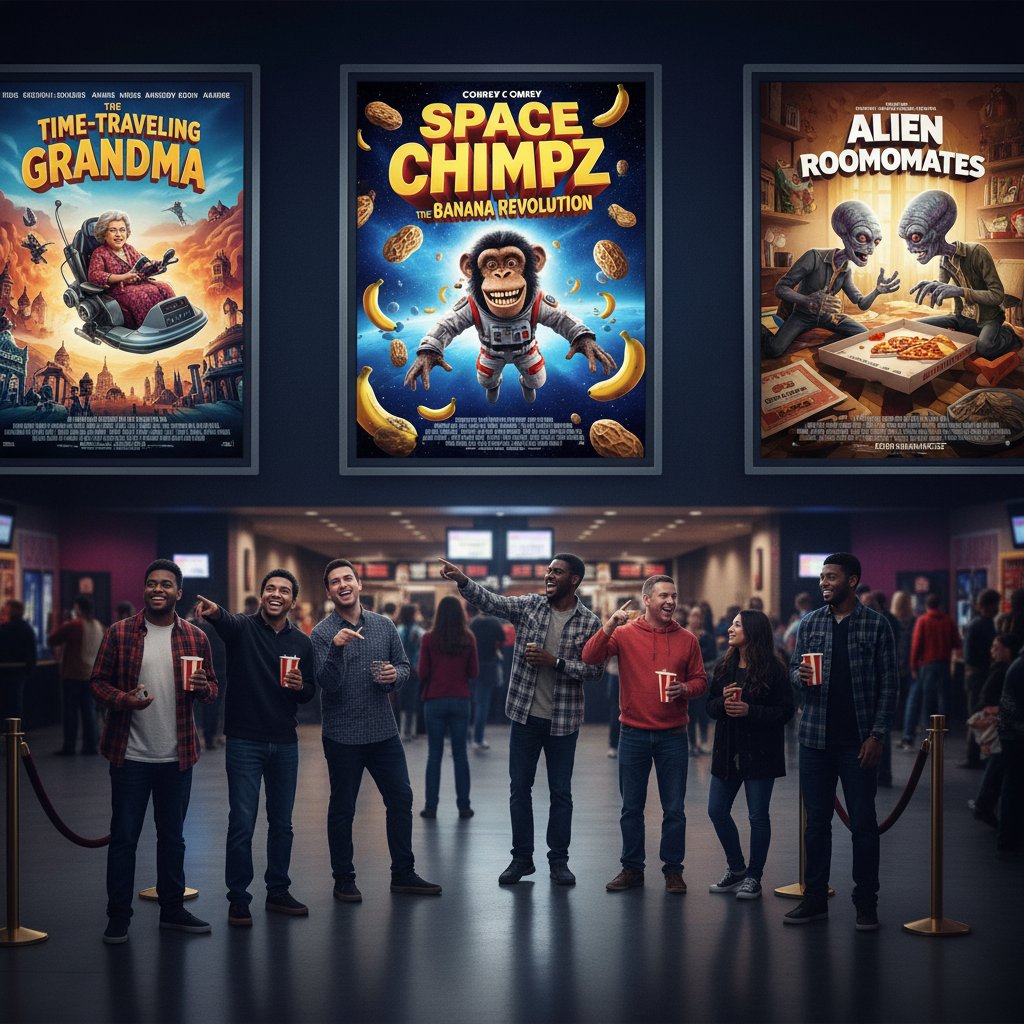 Moviegoers evaluating 3D comedy posters, diverse crowd in theater lobby
