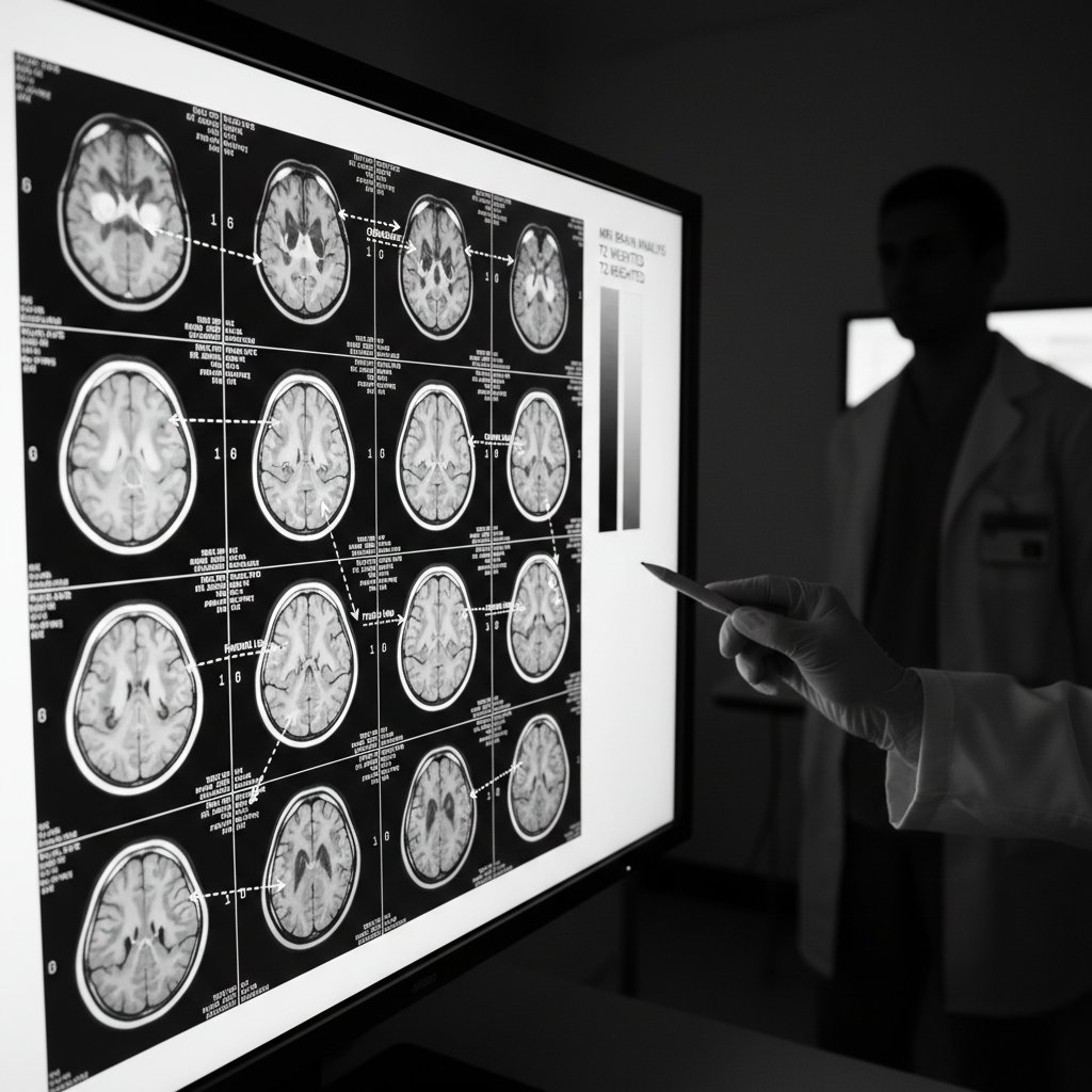 Obraz MRI głowy z widocznymi strukturami mózgu na ekranie medycznego monitora