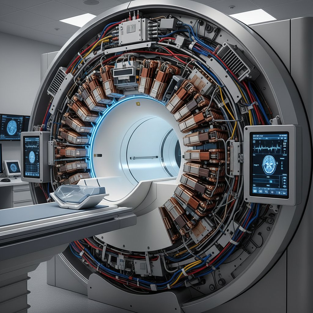 Wnętrze aparatu do rezonansu magnetycznego, szczegóły techniczne, cewki i konstrukcja