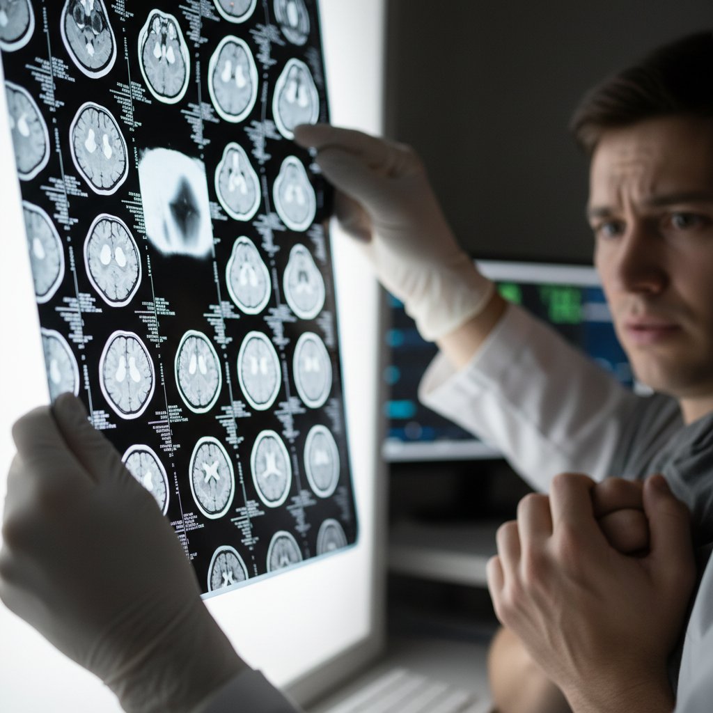 Wydruki zdjęć MRI, ręce lekarza, zmartwiona twarz pacjenta w tle