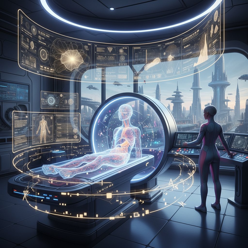 Obraz MRI z naniesionymi cyfrowymi danymi, futurystyczny klimat tajemnicy