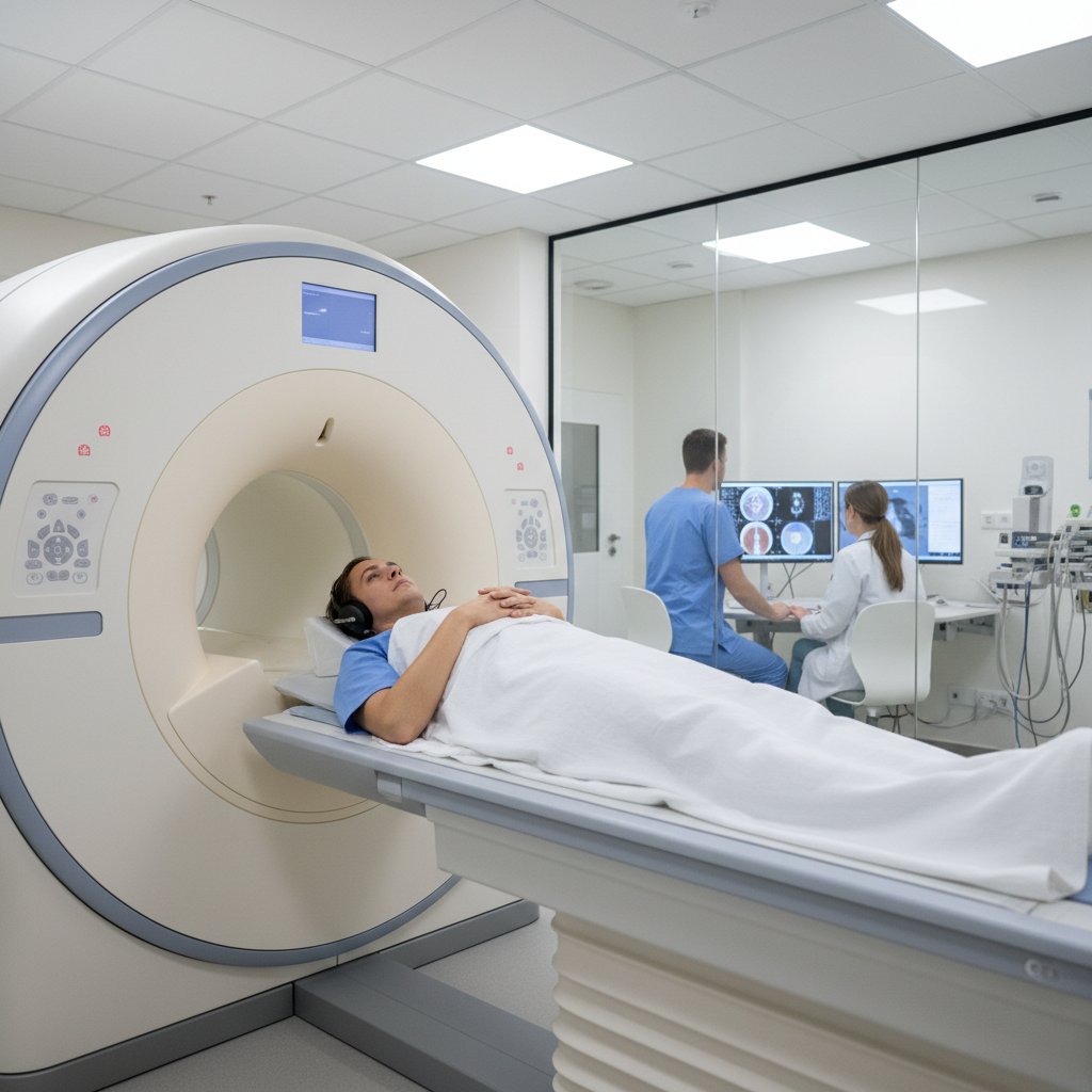 Pacjent w aparacie do rezonansu magnetycznego, wyraz twarzy skupiony, personel za szybą