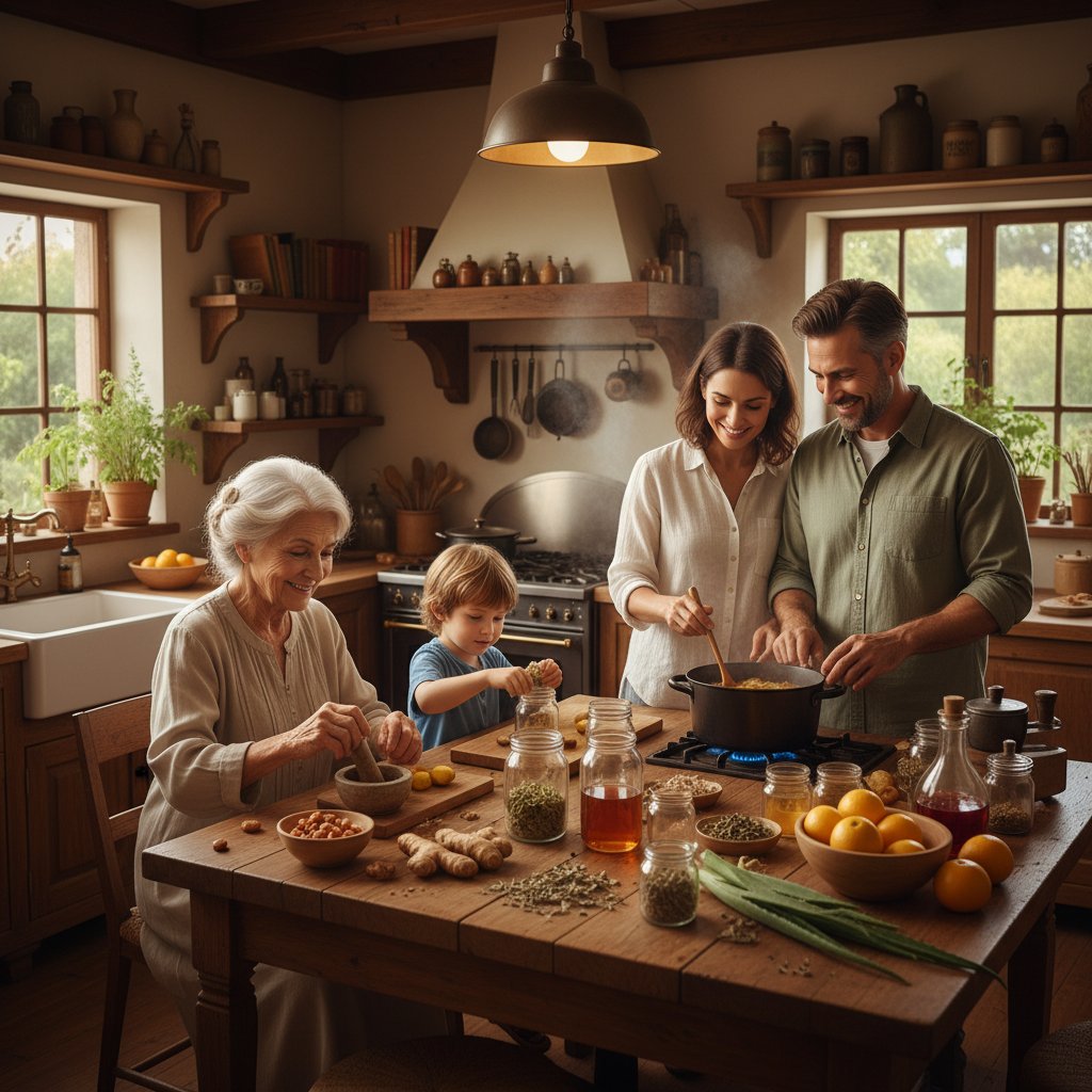 Dwupokoleniowa rodzina w kuchni przygotowuje domowe sposoby na zdrowie