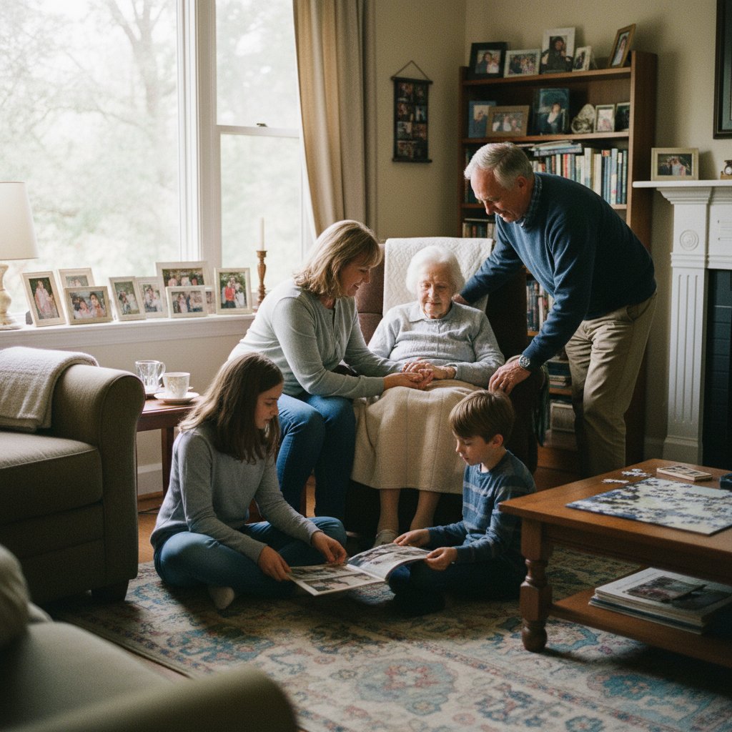 Rodzina wspierająca seniora z zespołem kruchości w domu