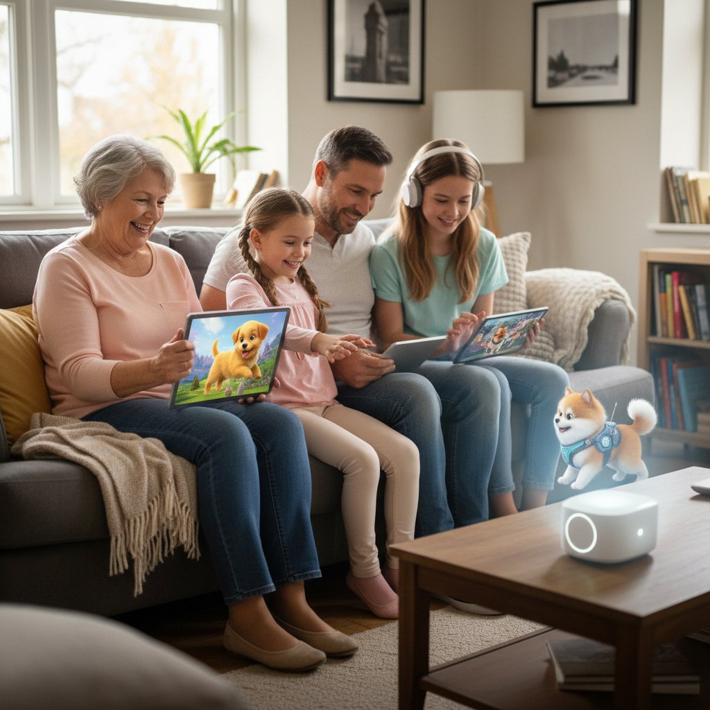 Rodzina w różnym wieku bawiąca się wspólnie z wirtualnym pieskiem na laptopach i tabletach
