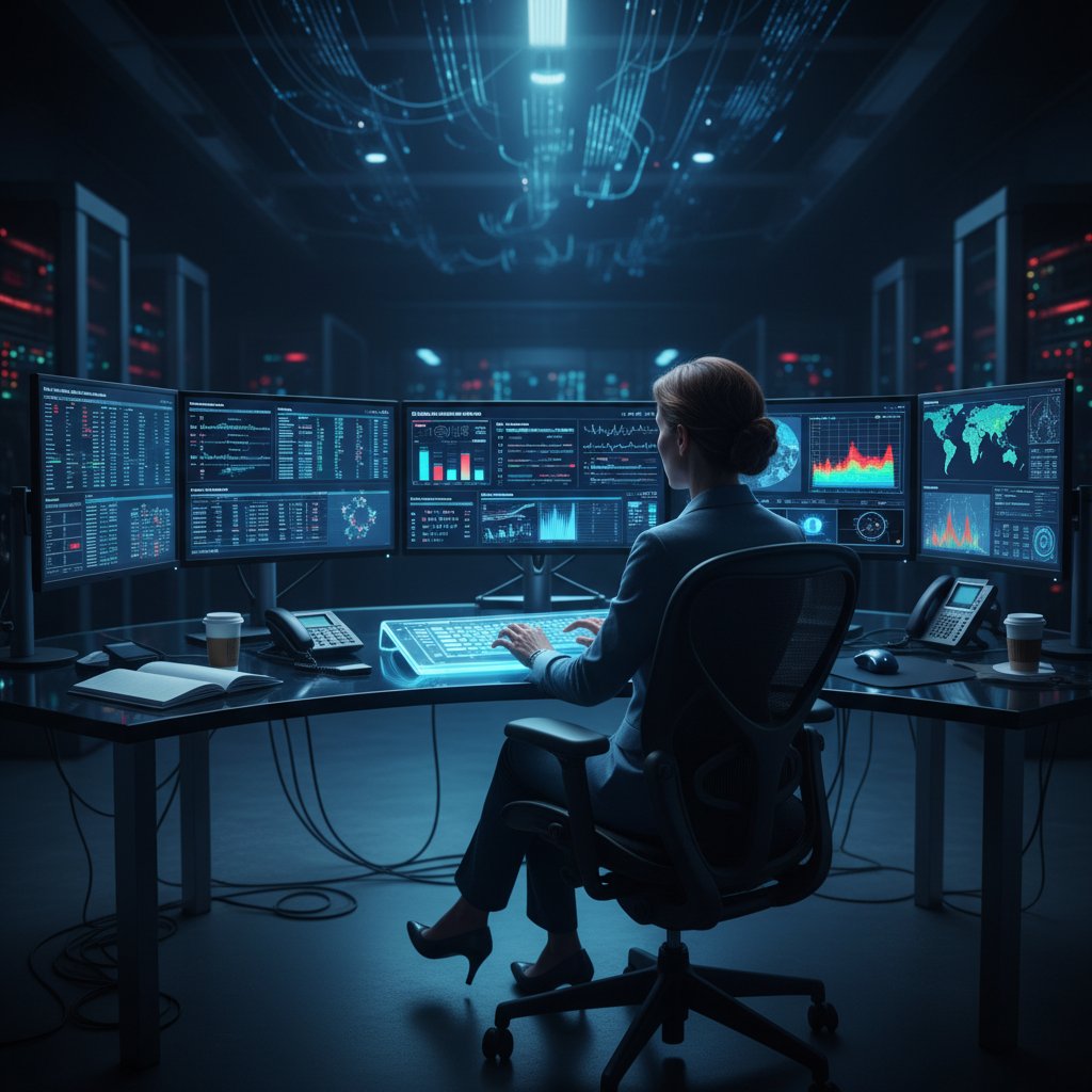 Close-up of analyst using multiple monitors and real-time dashboards for clinical data accuracy validation