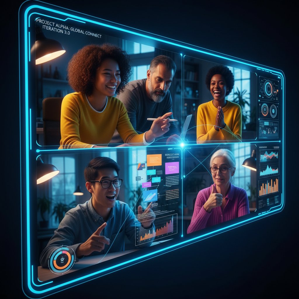 Zespół międzynarodowy pracujący wspólnie online nad projektem, współpraca na cyfrowej tablicy, energetyczna atmosfera