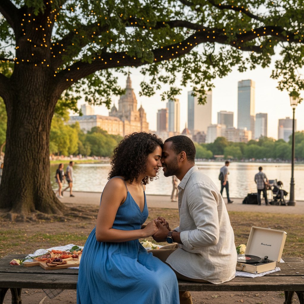 Multicultural couple sharing an intimate moment in a city park, reflecting diverse romantic norms