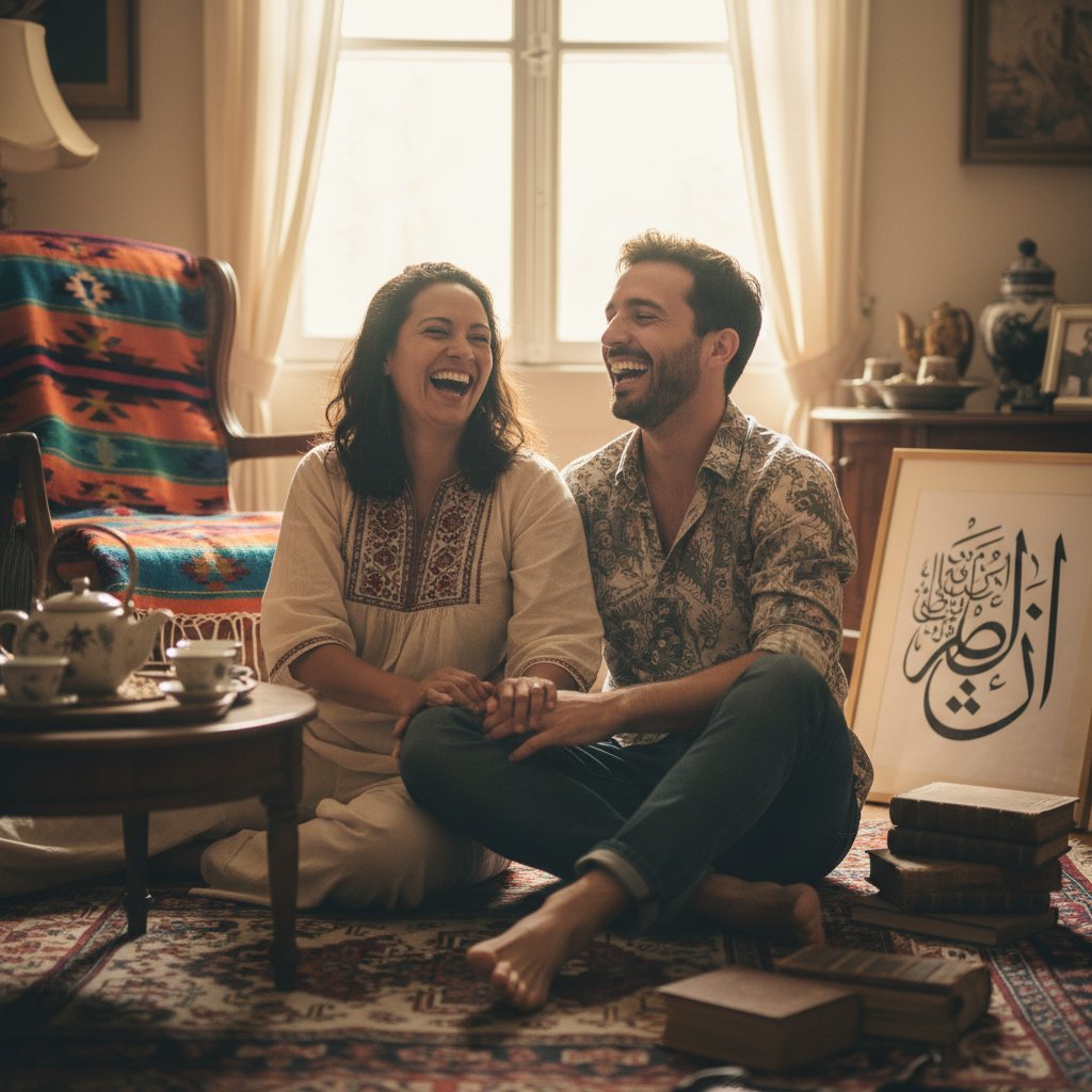 Multicultural couple laughing together, blending traditions in their relationship