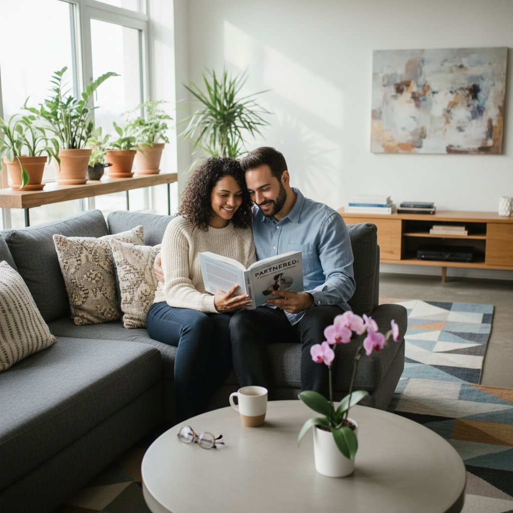 Multicultural couple reading a relationship book with puzzled expressions, highlighting cultural limitations in advice