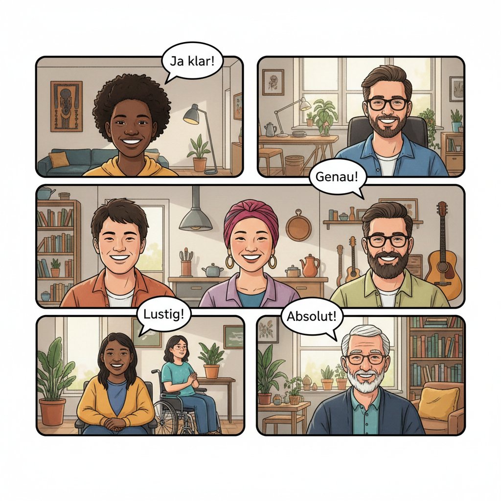 Różne osoby rozmawiają po niemiecku przez internet, kolorowe tła, widać uśmiechy i emocje