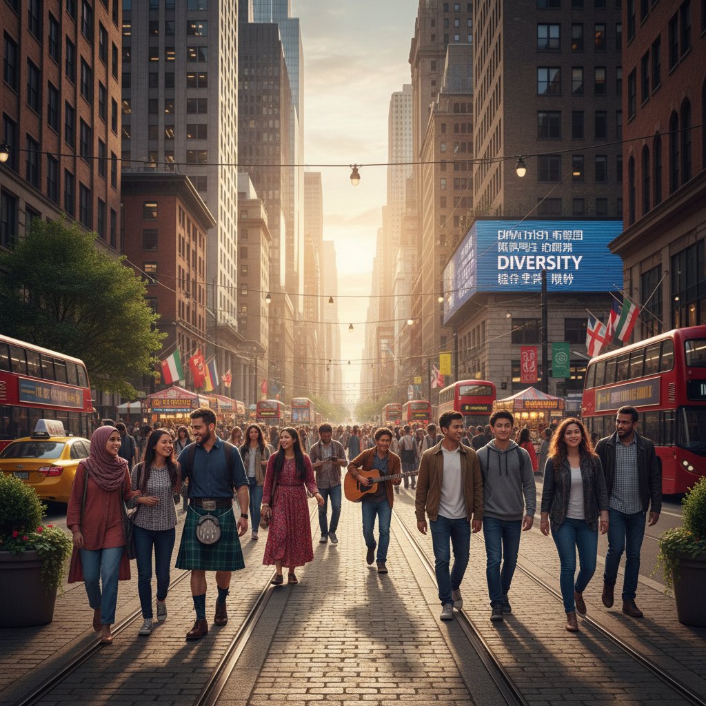 Grupa ludzi z różnych kultur, uśmiechnięci, stoją razem na tle miasta, symbolizujący różnorodność spojrzeń na swoistość