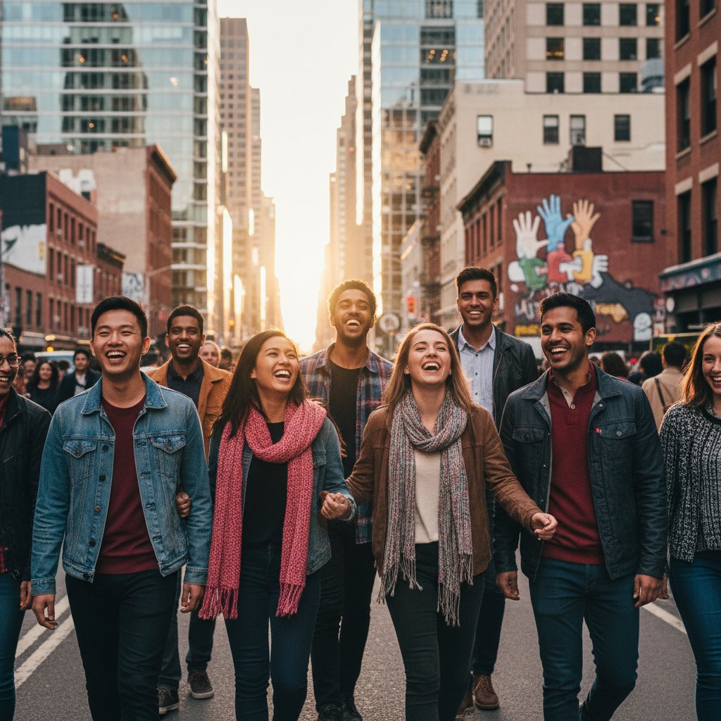 Grupa ludzi z różnych kultur uśmiechających się do kamery, miejska sceneria
