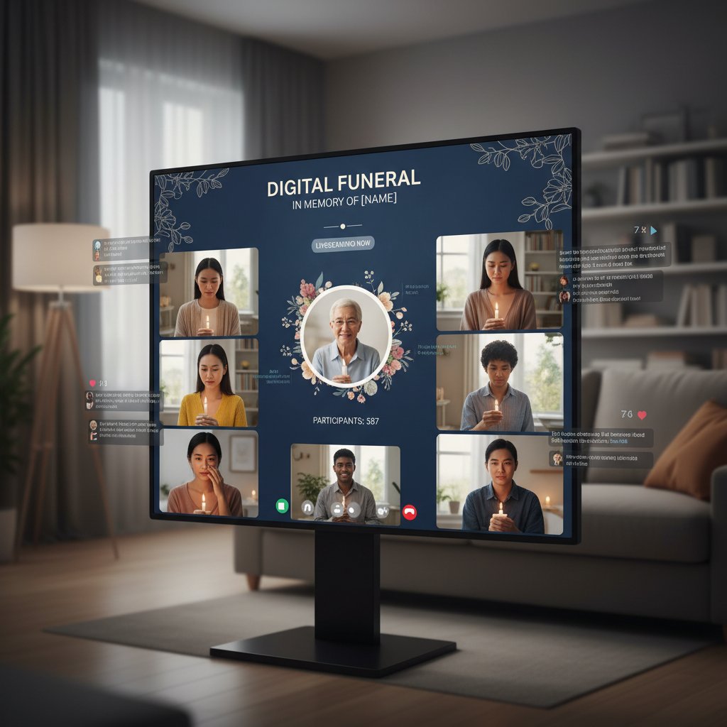 Friends participating in a virtual wake, multicultural group lighting candles in front of a screen