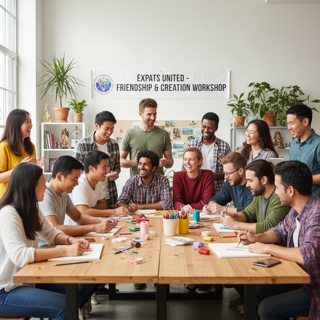 Grupa ludzi różnych narodowości na wspólnych warsztatach, atmosfera przyjaźni