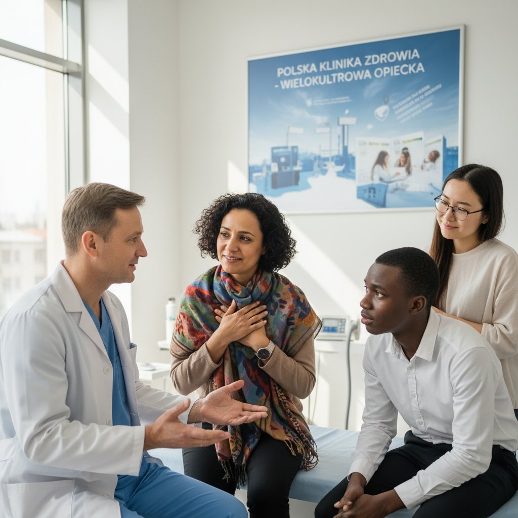Lekarz prowadzący badanie podmiotowe z pacjentem z innego kręgu kulturowego.