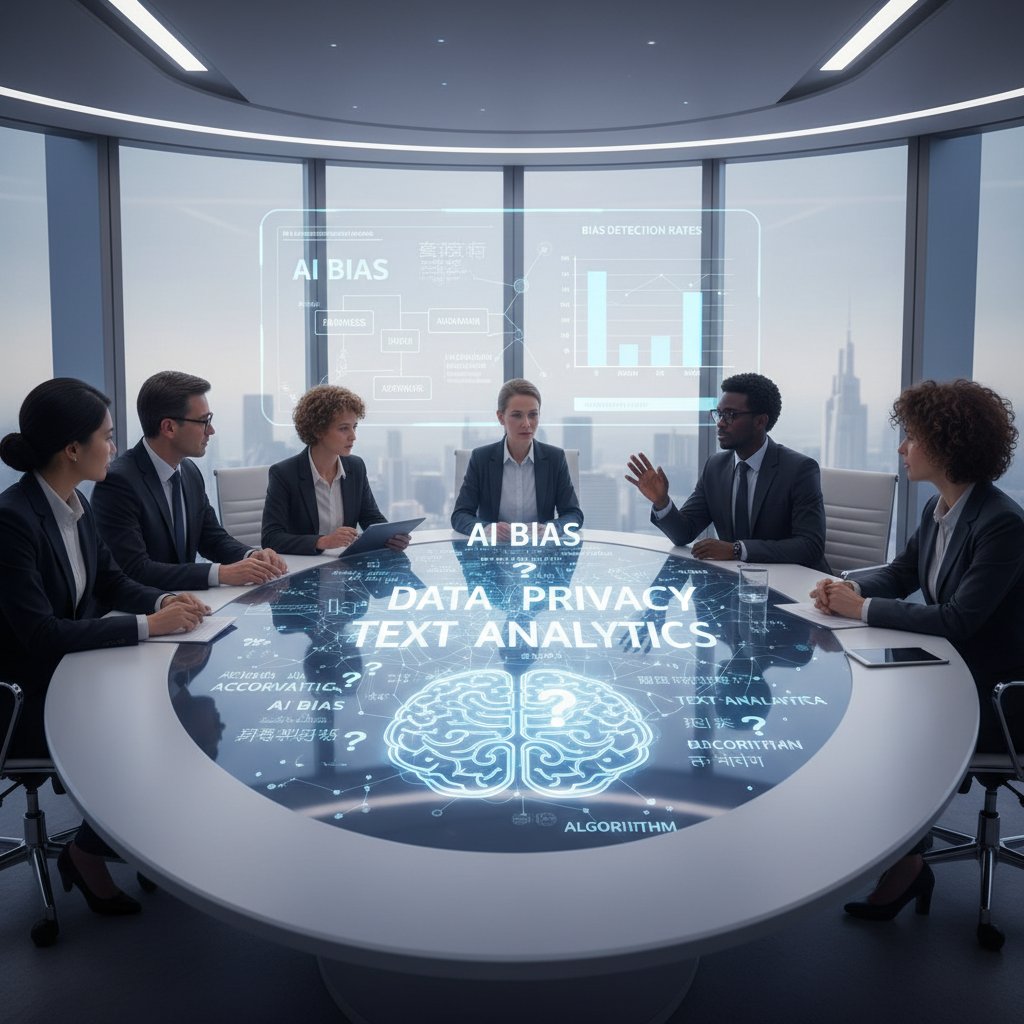 Multicultural team deliberating over AI bias and privacy in a modern conference room, highlighting ethical issues in text analytics
