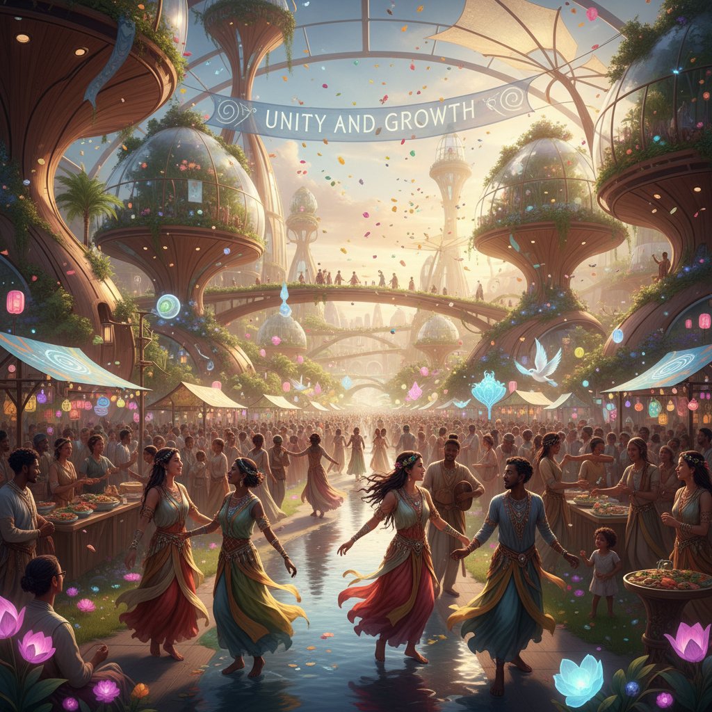 A multicultural utopian society celebrating harmony in a vibrant festival, international costumes and joyous faces.