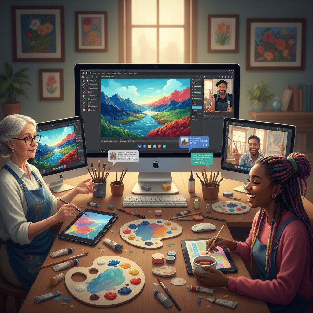 Grupa artystów różnych pokoleń maluje wspólnie online, widok na ekran z czatem